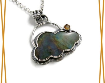Spectrolite & Golden Citrine Cloud Necklace • Silver Linings Jewelry • 925 Artisan Jewelry • Sterling Silver Rainbow Gemstone Pendant