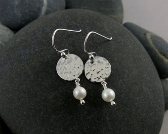 White Pearl Earrings with Silver Discs • Pearl Moondrop Dangle Earrings • Dainty Lightweight Pearl Earrings • Hammered Silver Disc Earrings