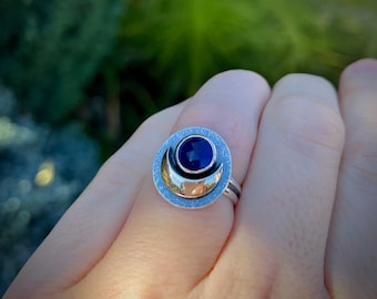 Black Opal Dream Ring • 925 Silver Crescent Moon and Rose-Cut Black Opal • Size 6 Ring • Unique Opal Ring • One of a Kind Celestial Jewelry