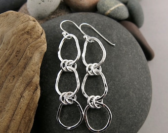 Three Link Freeform Sterling Silver Dangle Earrings • Organic Shape Jewelry • Open Link Trio Drops • 925 Beach Inspired • Wearable Art