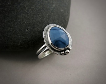 Blue Owyhee Opal Halo Ring • 925 Sterling Silver • Size 8 Ring • Rose Cut Blue Opal Ring • Handmade Artisan Ring • Boho Style Jewelry