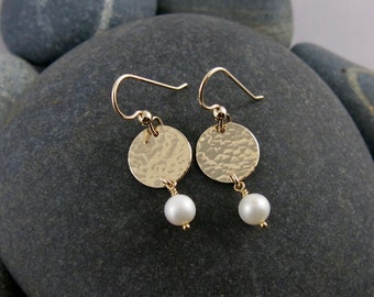 White Pearl Earrings with Gold Discs • Pearl Moondrop Dangle Earrings • Dainty Lightweight Pearl Earrings • Hammered Gold Disc Earrings