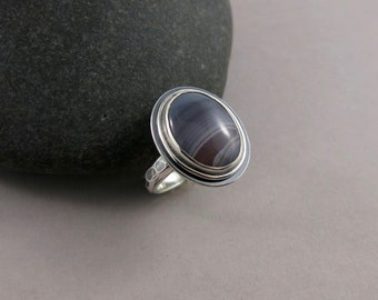 Striped Agate Ring • Pink & Grey Botswana Agate Ring in Sterling Silver • 925 Gemstone Ring • Unique Handcrafted One of a Kind Artisan Ring