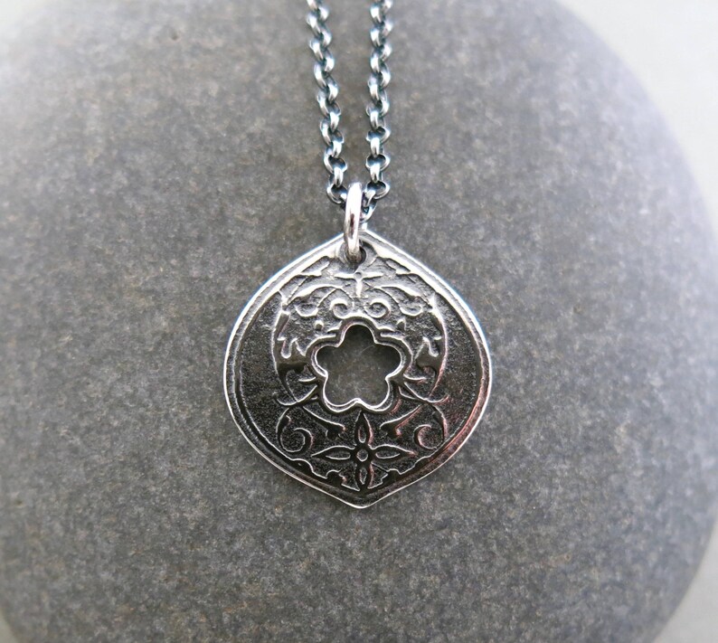 Hand Pierced Pendant in Oxidized Sterling Silver with Adjustable Rolo Chain