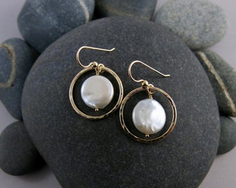 White Coin Pearl Dangle Earrings • Pearl in Gold Hammer Textured Circle Earring • June Birthday Gift • June Birthstone Jewelry