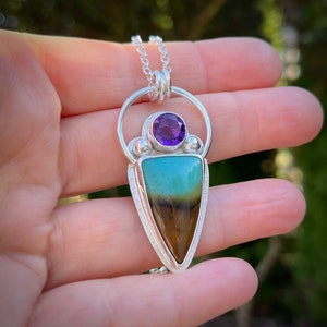 Opalized Fossil Wood Necklace with Amethyst • 925 Sterling Silver • Bicolour Blue & Brown Gemstone Statement Necklace • Artisan Made Pendant