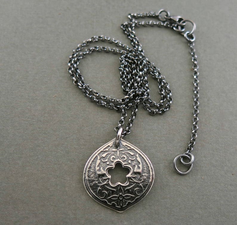 Hand Pierced Pendant in Oxidized Sterling Silver with Adjustable Rolo Chain