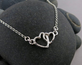 Mother & Child Hearts Embrace Necklace • Sterling Silver Two Heart Necklace • Interlocking Double Heart Necklace • Entwined Heart Jewelry •