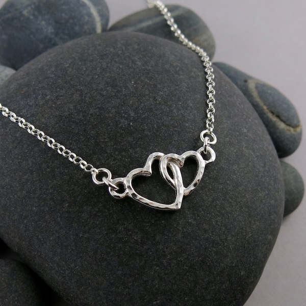 Mother & Child Hearts Embrace Necklace • Sterling Silver Two Heart Necklace • Interlocking Double Heart Necklace • Entwined Heart Jewelry •