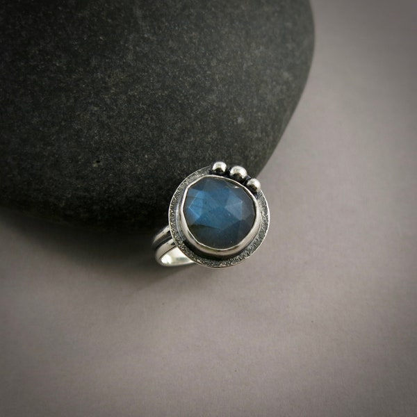 Rose Cut Labradorite Halo Ring • 925 Sterling Silver • Size 6 • One of a Kind Artisan Ring • Flashy Blue Labradorite Statement Ring