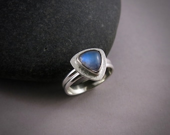 Triangular Rainbow Moonstone Halo Ring • Sterling Silver • Size 7 • Artisan Jewelry • Petite Moonstone Ring • June Birthstone Ring