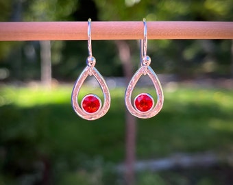 Fire Opal Raindrop Earrings • 925 Sterling Silver • Red-Orange Opal Dangles • High Quality Opal Drops • Unique October Birthstone Jewelry