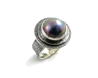 Blue South Pacific Mabe Pearl Ring • 925 Sterling Silver • Size 7 • Large Blue Pearl Statement Ring for Her • Artisan Pearl Jewelry