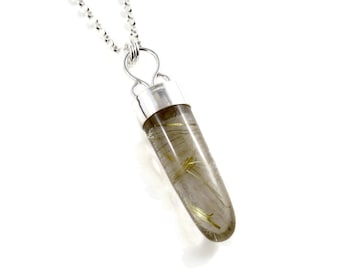 Golden Rutilated Quartz Bullet Necklace • Long 925 Sterling Silver Necklace • One of a Kind Artisan Made Pendant • Clear Quartz Necklace