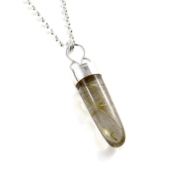 Golden Rutilated Quartz Bullet Necklace • Long 925 Sterling Silver Necklace • One of a Kind Artisan Made Pendant • Clear Quartz Necklace
