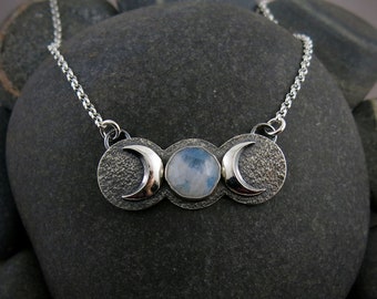 Silver Crescent Moon Phase Pendant with Rose Cut Rainbow Moonstone • Moon Phase Jewelry • Waxing Waning Moon Jewelry • Artisan Made