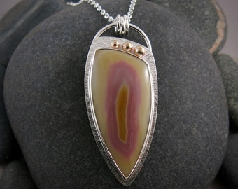 Pink & Yellow Banded Agate Necklace • Sterling Silver and 14K Gold • One of a Kind Artisan Pendant • Just Peachy • Wearable Art Jewelry