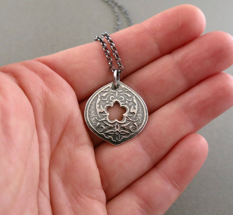 Hand Pierced Pendant in Oxidized Sterling Silver with Adjustable Rolo Chain