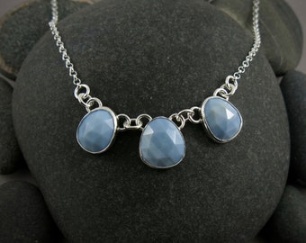 Blue Owyhee Opal Trio Necklace • 925 Sterling Silver • Rose Cut Blue Opal Necklace • Boho Jewelry • Powder Blue Opal Necklace