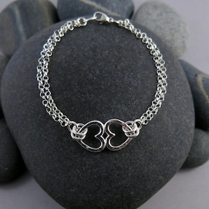 Open Hearts Duo Bracelet Sterling Silver Connected Hearts Bracelet Two Hearts as One Silver Bracelet Silver Heart Pair Charm Bracelet image 3