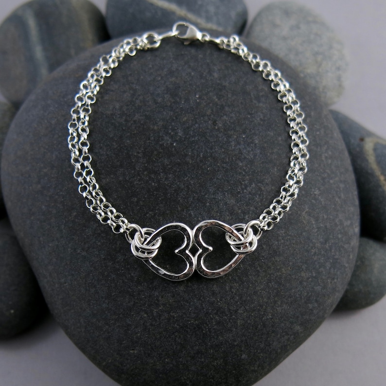 Open Hearts Duo Bracelet Sterling Silver Connected Hearts Bracelet Two Hearts as One Silver Bracelet Silver Heart Pair Charm Bracelet image 3