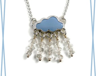 Blue Opal Cloud Necklace with Herkimer Diamonds • Silver Linings Jewelry • Sterling 925 Artisan Jewelry • One of a Kind Meaningful Necklace