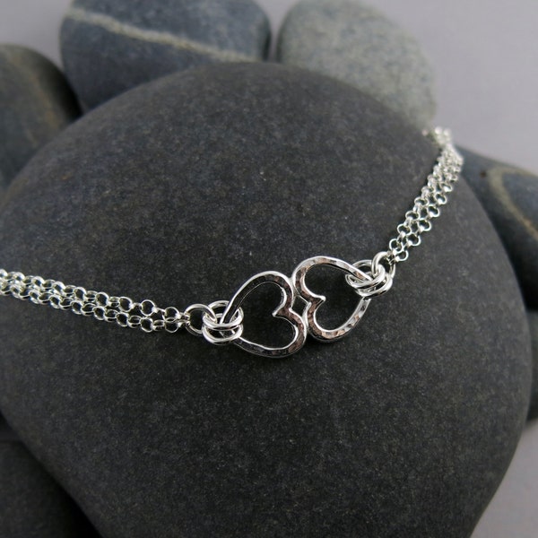 Open Hearts Duo Bracelet • Sterling Silver Connected Hearts Bracelet • Two Hearts as One Silver Bracelet • Silver Heart Pair Charm Bracelet