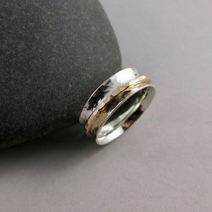 Meditation Ring Hammer Textured Spinning Ring Silver and Gold Spinner Ring Zen Ring Sterling Fiddle Fidget Ring Single Spinner image 1