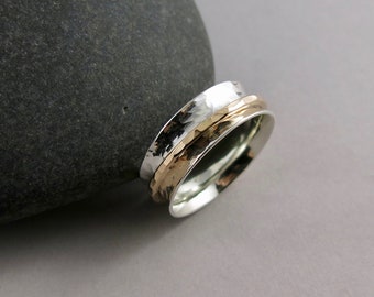 Meditation Ring • Hammer Textured Spinning Ring • Silver and Gold Spinner Ring • Zen Ring • Sterling Fiddle Fidget Ring • Single Spinner