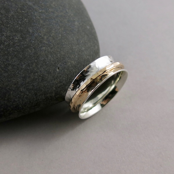 Hammered Sterling Silver Meditation Ring • Gold Filled Spinner Fidget Ring