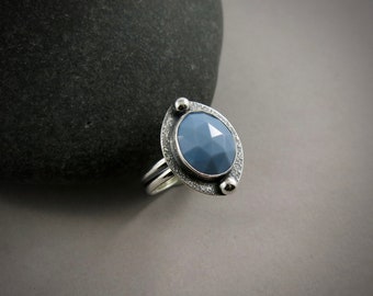 Blue Owyhee Opal Halo Ring • 925 Sterling Silver • Size 6 Ring • Rose Cut Blue Opal Ring • Handmade Artisan Ring • Boho Style Jewelry