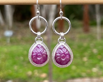 Carved Ruby Circle Drop Earrings • One of a Kind Artisan Jewelry • Ruby Teardrop Earrings in Sterling Silver • July Birthstone Jewelry