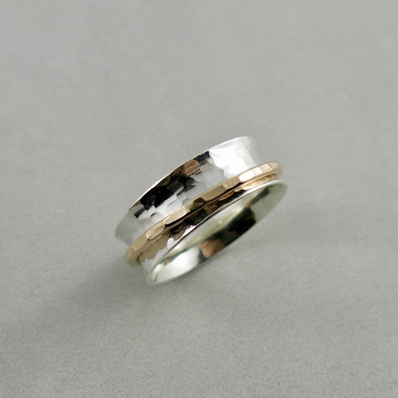 Meditation Ring Hammer Textured Spinning Ring Silver and Gold Spinner Ring Zen Ring Sterling Fiddle Fidget Ring Single Spinner image 3
