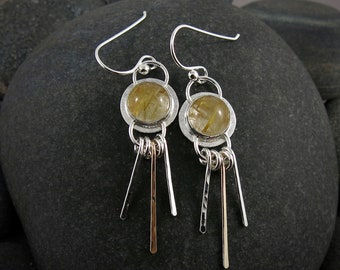 Golden Rutilated Quartz Earrings • 925 Sterling Silver & 10K Gold Fringe • One of a Kind Artisan Earrings • Wearable Art Jewelry