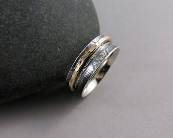 Meditation Ring • Leaf Printed Spinning Ring • Silver and Gold Spinner Ring • Zen Ring • Sterling Fiddle Fidget Ring • Single Spinner Ring