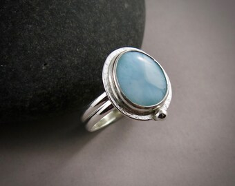 Blue & White Larimar Halo Ring • Sterling Silver • Size 8 Gemstone Ring • 925 Artisan Gemstone Ring • Boho Gem Jewelry • One of a Kind Ring