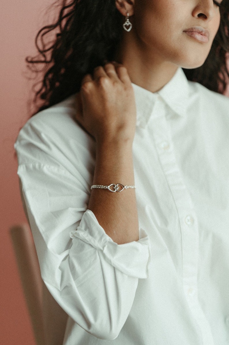 Open Hearts Duo Bracelet Sterling Silver Connected Hearts Bracelet Two Hearts as One Silver Bracelet Silver Heart Pair Charm Bracelet image 2