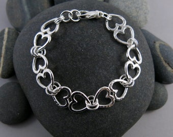 Open Hearts Bracelet • Sterling Silver Connected Hearts Bracelet • Two Hearts as One Silver Bracelet • Silver Heart Pair Charm Bracelet