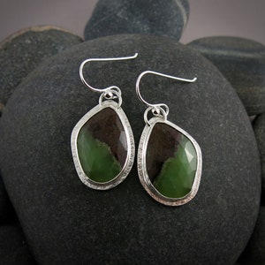 Chrysoprase Earrings • 925 Sterling Silver Statement Earrings • Green & Brown Gemstone Dangles • One of a Kind Artisan Made Earrings