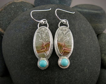 Crazy Lace Agate Earrings with Turquoise • 925 Sterling Silver Gemstone Earrings • Wearable Art Jewelry • Just Peachy • Handmade Silver