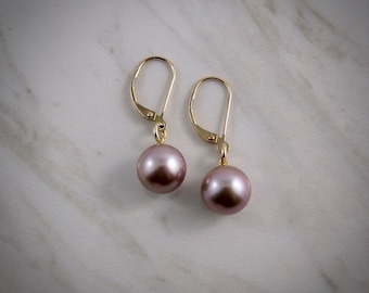 AAA Lilac Edison Pearl Drop Earrings • 14K Gold • High Quality Pearl Drop Earrings • Classy Gold Pearl Earrings • Holiday Gift for Her