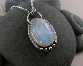 Large Rainbow Moonstone Necklace • Sterling Silver Statement Necklace • 925 Moonstone Jewelry • One of a Kind Artisan Pendant