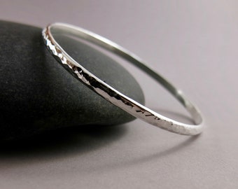 Silver Bangle Bracelet • Half Round • Hammer Textured • Elegant Silver Bangle • 925 Bangles • Stacking Bangle • Artisan Jewelry