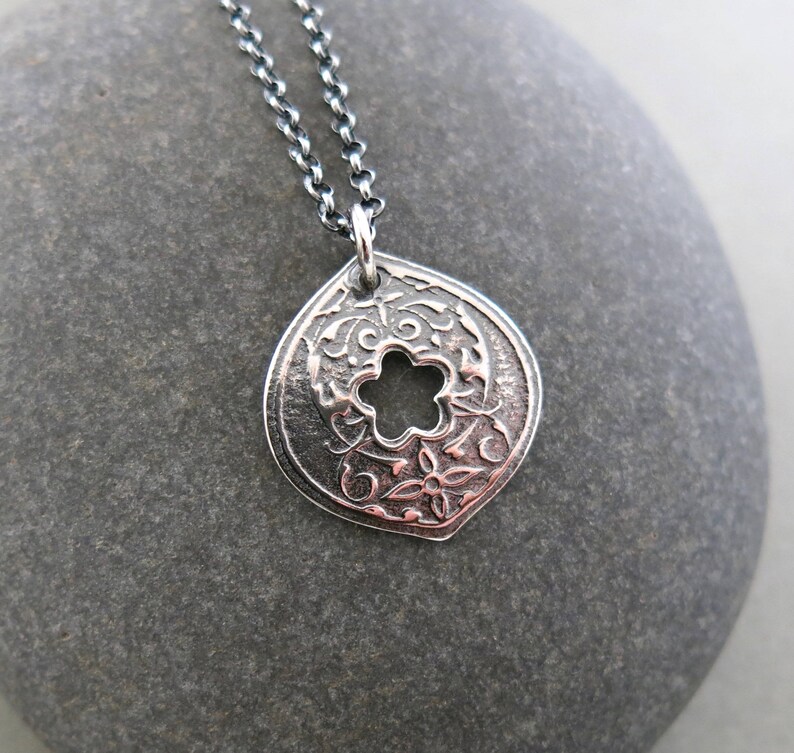 Hand Pierced Pendant in Oxidized Sterling Silver with Adjustable Rolo Chain
