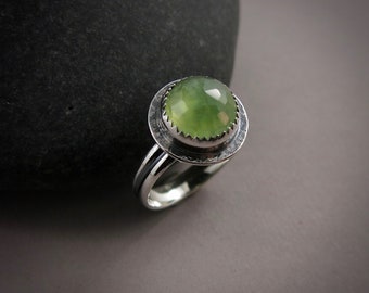 Pale Mossy Green Rose-Cut Prehnite Halo Ring • Sterling Silver • Size 7.5 Gemstone Ring • One of a Kind Artisan Made Boho Ring • Dream Stone