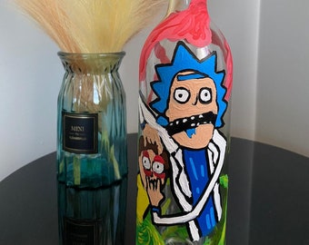 Uniek handgemaakt 'Rick and Morty' geïnspireerd acrylschilderij op wijnfles