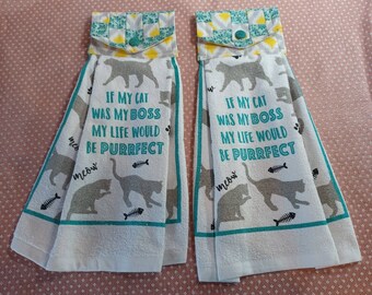 Set of Two Oven Handle Kitchen Towels, Hanging Button Towels, Cat Lovers Towels, Guest Towels, Green Yellow Patchwork Towels