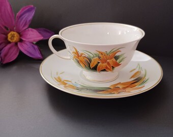 Vintage Cup and Saucer, Danbury Mint Cup and Saucer, Day Lily Porcelain Cup and Saucer, China Cup and Saucer, Orange Flower Cup and Saucer