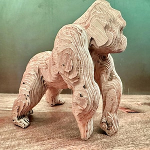Wooden Gorilla Sculpture, natural, albino, statue, 3 dimensional, figurine, animal, art piece for office, shelf, living room, bedroom