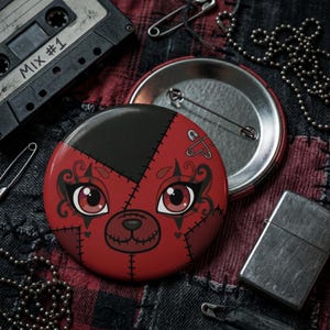 Patchwork Bear Button Pin, Gothic Punk Backpack Badge,  Xenna Sheyza Ita Bag Filler